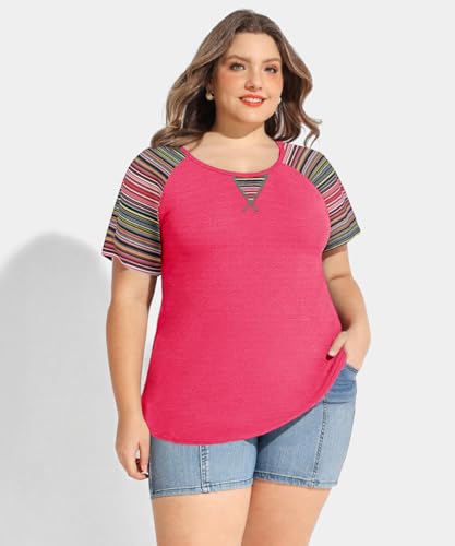 Image of CARCOS Plus Size Tops for Women Short Sleeve Shirt Summer Star /Leopard /Tie Dye /Flower Crewneck Pullover Tunic XL-5XL