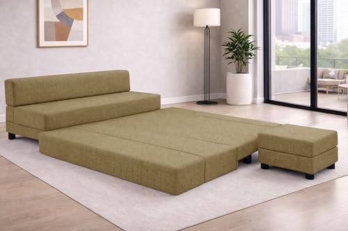 Image of Rosebell 3+2 Convertible Leg Sofa Cum Bed Set with Ottoman Foldable Modular Seating & Sleeper ? Space Saving Living Room Furniture Jute Fabric-Golden