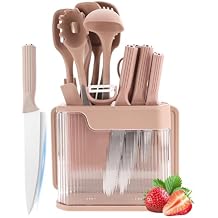 17 Pieces Kitchen Utensils Set and Knife Set with Acrylic Block, Silicone Utensils Set for Cooking, Sharp Stainless Steel Knife Block Set with Built-in Sharpener Dicing Chopping Pink