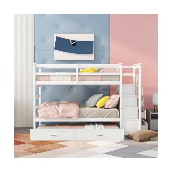 Twin over twin bunk bed with twin size trundle solid wood bunk beds with 4 storage drawers staircase and safety guard rail no box spring needed white  urban country home decor
