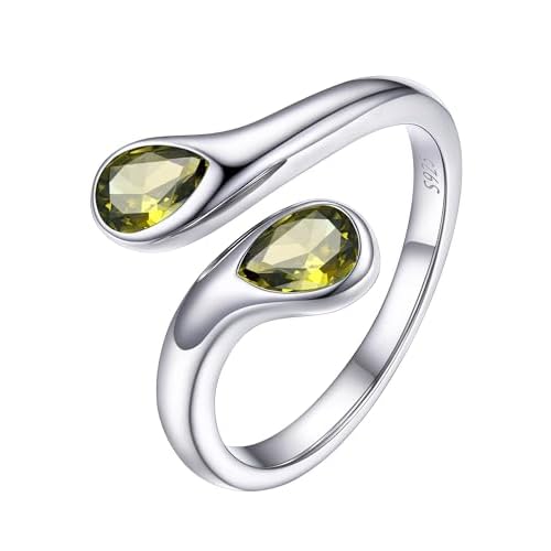 PROSILVER S925 Sterling Silver Adjustable Rings for Women Dainty Birthstone Statement Ring, Dual Pear-Cut Gemstones, Open Band Rings, Jan - Dec Availa