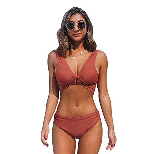YIYINGSI Damen Zweiteilige Badeanzüge - Burnt Orange Stilvolle O-Ring Mid-Waist Badeanzüge Frauen Feste Padding BH Sexy Schnürung Zwei Stücke Badeanzüge Mädchen Bikini Sets Bademode, L Cover