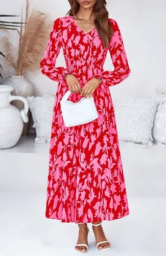 BTFBM Women Fall Dresses 2025 Casual Long Sleeve V Neck Maxi Dresses Floral Boho Long Dress Wedding Guest Dress