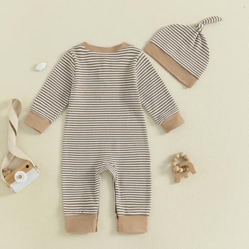 Kuriozud Newborn Infant Unisex Baby Boy Girl Clothes Button Romper Jumpsuit Basic One Piece Outfits Striped Striped Long Sleeve with Hat Khaki, Newborn