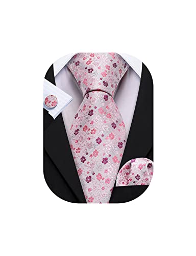 Image of Barry.Wang Flower Ties for Men Silk Woven Floral Tie Sets Necktie Handkerchief Cufflinks Wedding Party