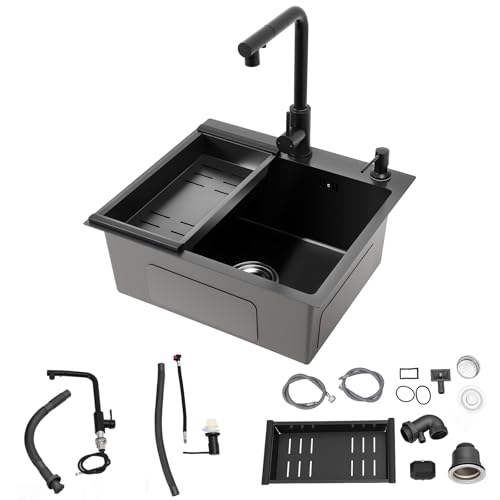Fregadero de cocina de acero inoxidable de 50 x 45 cm, 1 lavabo, color negro con grifo extensible, con dispensador de jabón, cesta colador, tubo de desagüe