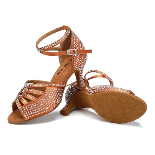 Image of JUODVMP Women's Latin Dance Shoes Rhinestones Satin Ballroom Dancing Shoes Salsa Professional Dance Shoes