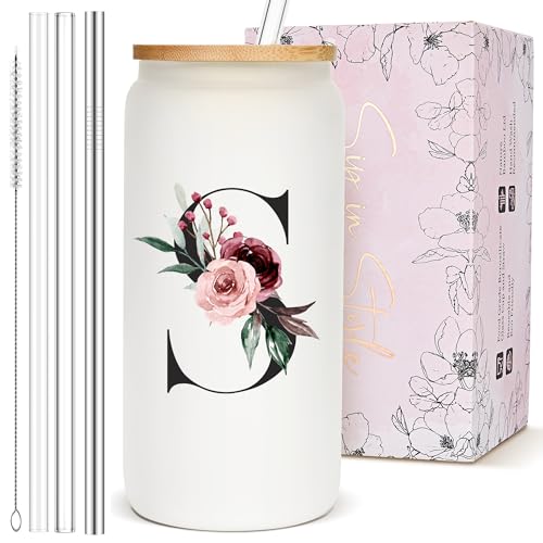 Customized Personalized Gifts for Women, Cute Initial Glass Cups with Lids and Straws, Letter Iced Coffee Cup, Monogram Drinking Glasses Tumbler Mug, Mothers Day Gifts for Mom Wife Nana Aunt Niece, S