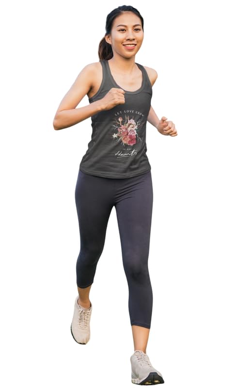 Women's Graphic Printed Tank Top with Floral Heart Design and 'Let Love Grow' Quote, Athletic Racerback Workout Vest-image-4