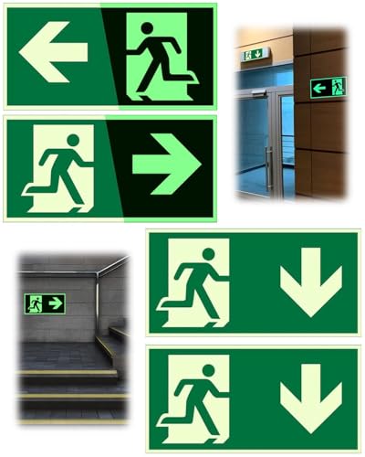 HUVZOR 4 Pezzi Cartello Uscita di Emergenza Fosforescente, Pellicola Riflettente in Polietilene con Indicazioni Sinistra/Destra/Basso, Adesivo Senza Fori per Hotel/Scuole/Uffici (Verde)
