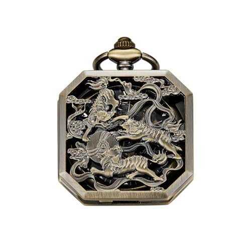 Montre de poche mécanique carrée PWM18 en bronze avec motif tigre rétro pour homme
