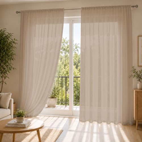 Image of LINENWALAS Aesthetic Sheer Curtains 9 Feet Long Set of 2, Poly Linen Shrink & Fade Proof Drapes for Long Door, Semi Transparent Modern Panels with Rod Pocket Hanging for Living Room (Brown /9 Feet)