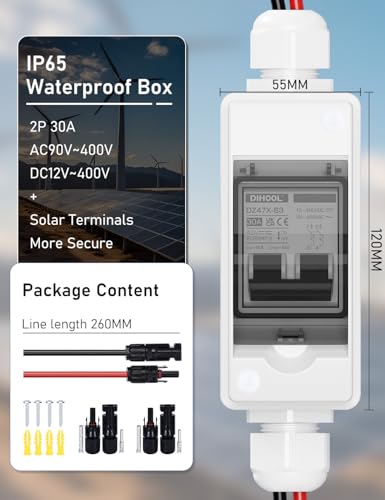DIHOOL DC trennschalter PV anlage, Miniatur Leistungsschalter, DC12V-400V Sicherungsautomat 1 String 2 polig 30A Mit Solarstecker Kabel IP65 Gehäuse Für balkonkraftwerk, batterie, Solarmodule