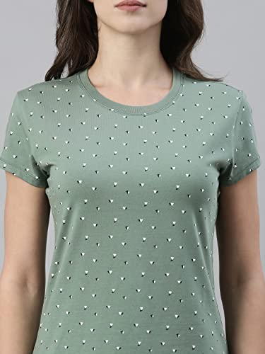 Image of Enamor Essentials Women's Slim Fit Regular Length Short Sleeve Crew Neck Comfortable and Stylish Breathable Stretch Cotton Tee - E247(E247-Fern Green Triangle Aop-L)