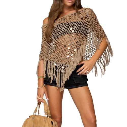 Fringe Sequin Crochet Poncho Women Sheer Poncho Top Lightweight Knit Mesh Batwing Sleeve Beachwear Cover Up Tops
