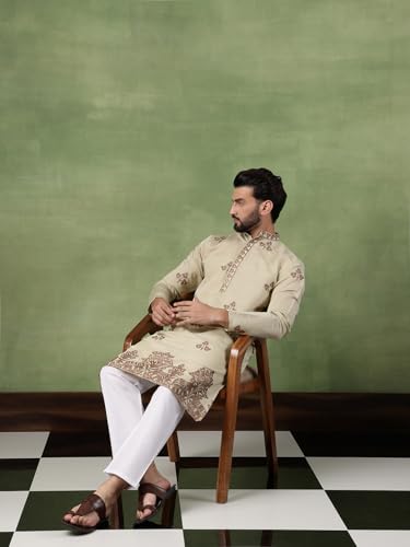 Image of SOJANYA (Since 1958 Men's Cotton Contrast Coffee Thread Embroidered Long Kurta