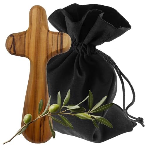 Lunexus Cruz de madera de olivo aprox. 9 cm - Hecho a mano en Belén - bendito con certificado - Incluye bolsa de tela - Cruz de consolación, bendición de bolsillo, regalo para bautizo, comunión