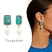 Sonateomber Gold Chunky Turquoise Dangle Drop Earrings for Women,Vintage Statement Pearl Square Blue Green Natural Gemstone Healing Dangling Earings Prom Wedding Accessories Fashion Jewelry Gift