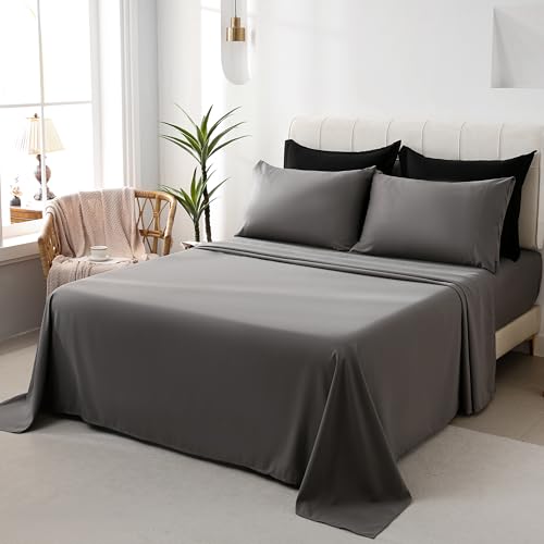 DOWNCOOL King Size Comforter Set, 7Pcs Bedding Comforter Sets Black/Grey, All Season Down Alternative Bedding Comforter Sets with Comforter, Flat Sheet, Fitted Sheet, 2 Pillow Shams & 2 Pillowcases