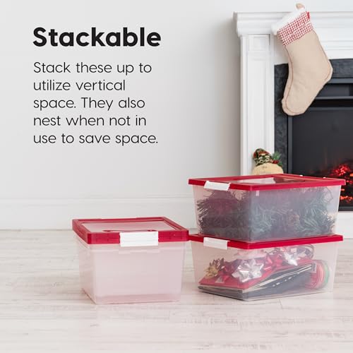 Image of IRIS USA 12 Qt. Plastic Storage Bins Containers with Lids, 4 Pack, Sensory Bin, Craft Storage, Craft Organizers and Storage, Organizing Container for Home, Office School Supplies, Stackable, Clear /Red
