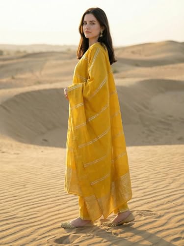 Image of INDO ERA Solid Straight Pure Cotton Kurta with Pant & Dupatta Set for Women