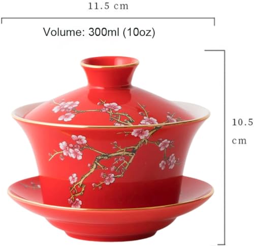 Image of 10oz Large Gaiwan, Ceramic Teacup -Embossed Plum Patterns (Red)