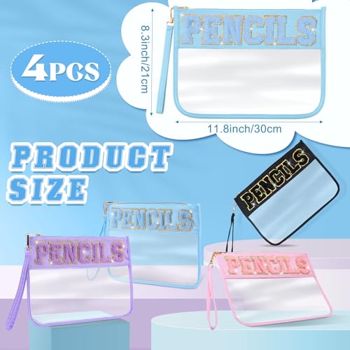 Image of Dansydaisy 4 Pcs Preppy Pencil Case Clear PVC Pouch Chenille Letter Patch Big Capacity Pencil Bag Aesthetic Storage Bag with Zipper for School Women Girl Office Travel Supplies
