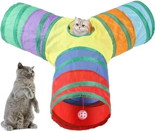 Xozilo猫用トンネルおもちゃ 猫遊び 運動不足解消 ストレス発散 狩猟欲求 肥満防止 三方開き ベルボール付き 折りたたみ式 収納簡単 軽量 小型犬 ウサギ フェレット ホワイト ペット用品 (Y字型)
