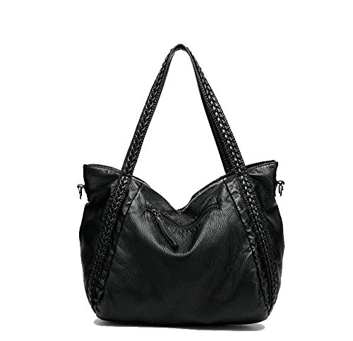 Oversized Slouchy Purse, Black Large Handbag Women Multi-Pockets Hobo Top-Handle Tote Soft Faux Leather Braided Shoulder Bag-Big Size #TOP6