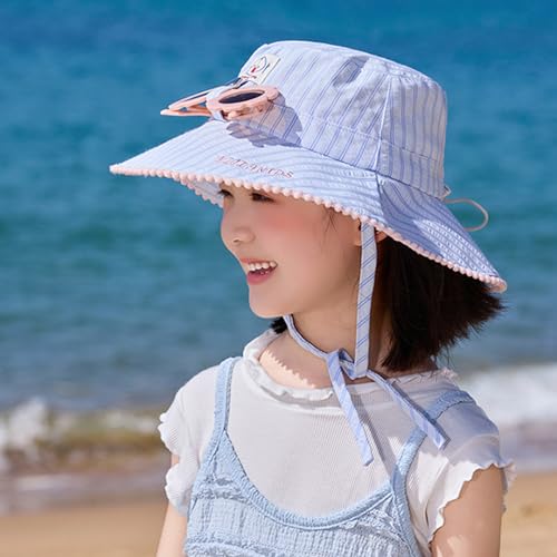 Kids Wide Brim Sun Hat with Detachable Sunglasses Adjustable Striped Summer Bucket Hat for Girls Outdoor Cap for 4-10 Years2
