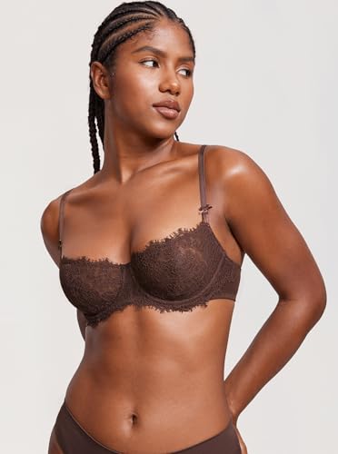 Image of DOBREVA Women's Balconette Sexy Unlined Bra Lace Push Up Plus Size Bras See Through Underwire