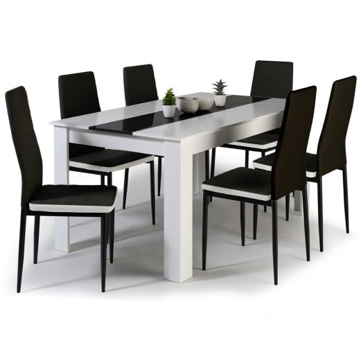 IDMarket – Conjunto de mesa de comedor Georgia 140 cm blanco y negro y 6 sillas romane negro con ribete blanco