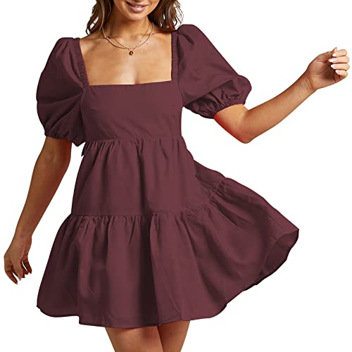 Shy Velvet Women's Casual Party Mini Summer Dresses Square Neck Short Bubble Sleeve Babydoll Dress