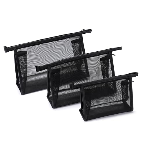 Quotidian Black Mesh Makeup Bags & Pencil Pouches with Zipper, 3 Count