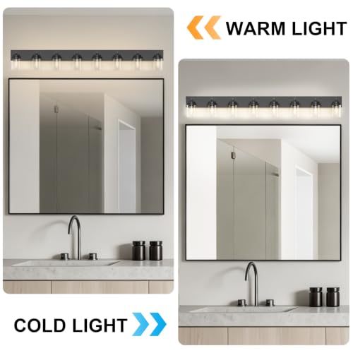 Image of IZORRO Bathroom Vanity Light Fixture, 8-Light 56 inch Matte Black Bathroom Light Fixtures Over Mirror, with Clear Glass Shade, Modern Farmhouse Vanity Lights, Rustic Restroom Lighting Fixtures