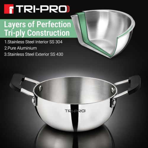 Image of TriPro Triply Mini Cookware Set 3 Pcs Mini Set - 12cm (550ml) Saucepan, 14cm Frypan, 14cm (600ml) Kadai, Compact Kitchen Cooking Set, Bakelite Handle, Healthy Cooking - Induction and Gas Stove Ready