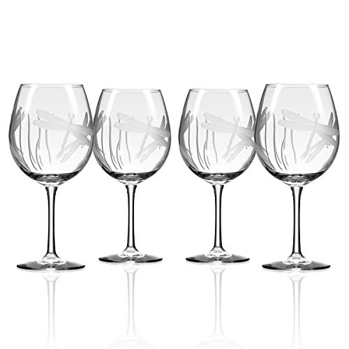 Dragonfly Red Wine Balloon Glass 18 ounce - Set of 4 Stemmed Red Wine Glasses - Lead-Free Crystal Glass - Etched Red Wine Glasses - Made in the USA - A Rolf Glass Classic