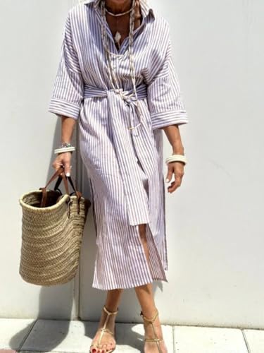 Image of chouyatou Women's Summer 3 /4 Sleeve Striped Shirt Dress Belted Maxi Long Casual Button Down Beach Dress