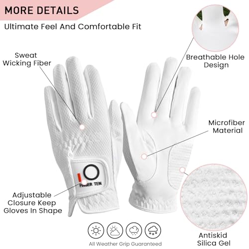 FINGER TEN Womens Golf Glove Right Handed Golfer Left Hand 1 Pack Golf Gloves Rain Grip Hot Wet All Weather Mesh for Women Girls Ladies Small Medium Large (White, Small (Worn On Left Hand))
