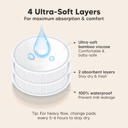 Image of Organic Nursing Pads - 14 Washable Breast Pads for Breastfeeding, Wash Bag, Viscose Derived from Bamboo Reusable Nipple Covers for Breastfeeding Essentials, Soft & Absorbent (Neutrals, XL 5.6 inch)