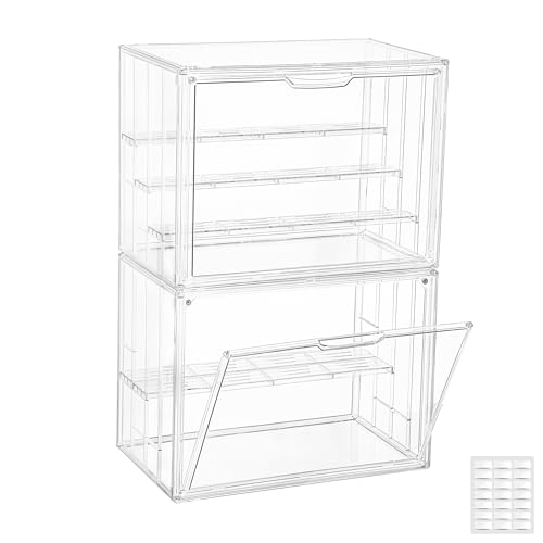 Image of Attelite Acrylic Display Case,Upgrade 4 Tiers Clear Display Case with 3 Adjustable Divider, 2 Pack Stackable Large Storage Box with Magnetic Door for Collectibles Action Figures