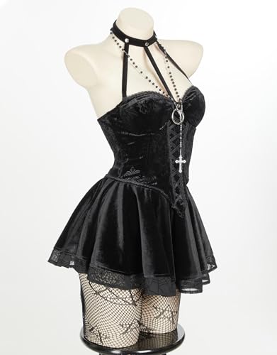 MEOWCOS Corset Top Skirt Set Gothic Halloween Casual Party Dress Lace-up Top Skirt with Net Stockings and Sleeves2