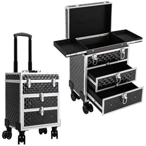 UIdili Professional Rolling Makeup Case Drawers, Large Capacity Aluminum Trolley Case, Portable Multifunctional Makeup Case with Universal Wheels, for Nail Artist Makeup Artist Hair Stylist, Black Cover