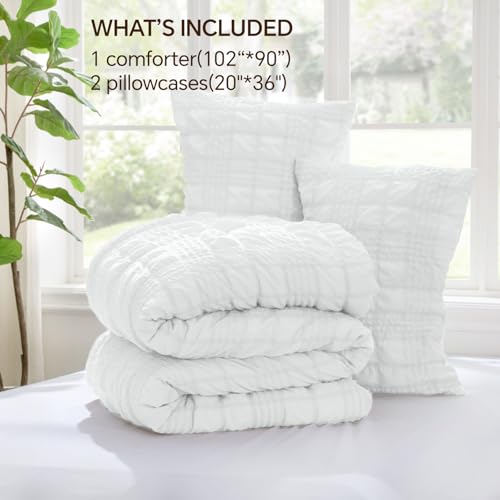 Image of BEDELITE King Size Comforter Set, Seersucker Bedding 3 Pieces, Bright White | All Season Use, Machine Washable, Soft and Lightweight, Ruched Comforter for Bedroom, Wrinkle-Resistant, Cozy and Stylish
