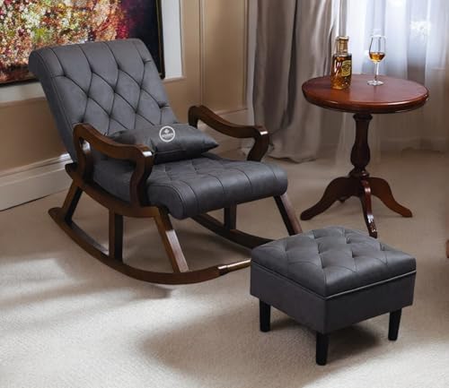 Image of Solid Sheesham Wood Rocking Chair for Living Room with Footrest and Pillow | Ergonomic Resting Chair with Ottoman for Relaxing and Pregnant Women (Grey)