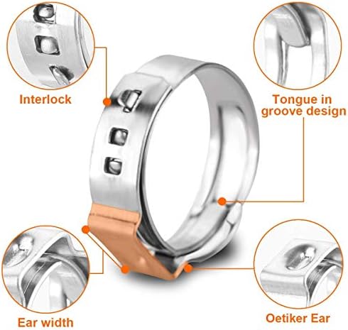 Ochoos ELEG-Stainless Steel Single Ear Hose Clamp, 80Pcs 6-23.6mm Crimp Hose Clamp Assortment Kit Ear Stepless Cinch Rings Crimp Pinc