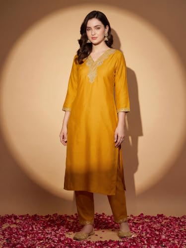 Image of INDO ERA Women's Silk Blend Embroidered Zari Work Straight Kurta & Pant Set | Cord Set For Women