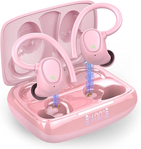 Image of Wireless Earbuds Bluetooth 5.3 Headphones With Dual Mic, Noise Cancelling In-Ear Earphones, Sport Earhook IP7 Waterproof, 48H Stereo Headset, USB-C (Pink)