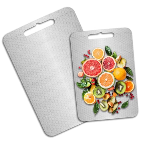 Homshsjhkis 2 Pcs Tabla Cortar Acero Inoxidable, Cutting Board con Asa, Profesional Tablas para Cortar Antideslizante, Antibacteriano y Antibacteriana Fáciles Limpiar, Apto Lavavajillas, Sin BPA