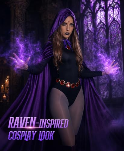 Image of Raven Costume for Women, 6 Pcs Raven Cosplay Costume Set with Purple Hooded Cloak Bodysuit Gray Tights Halloween Party Outfit